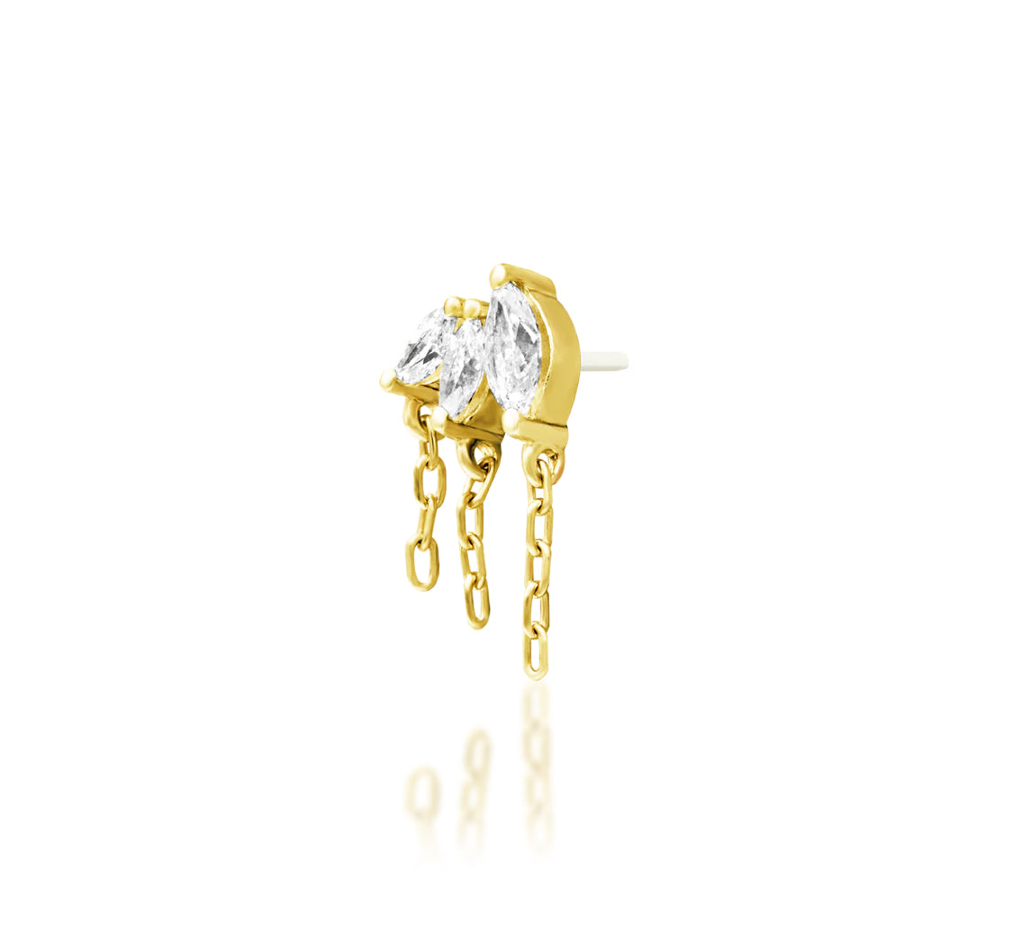 Junipurr Infamous solid 14k yellow gold three-diamond threadless end, side profile.
