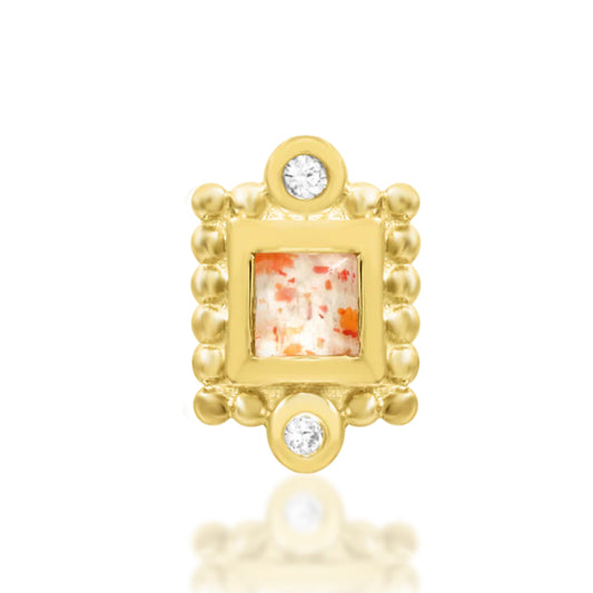 Junipurr Jada solid 14k gold ornate Sunstone threadless decorative end, product view.