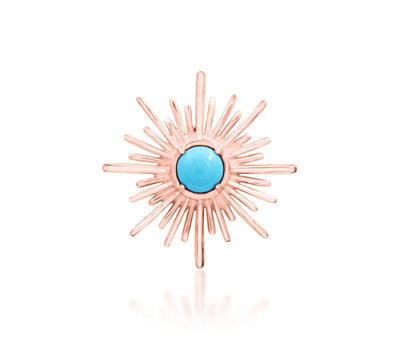 Junipurr Jadzia solid 14k rose gold turquoise sunburst threadless end, front product view.