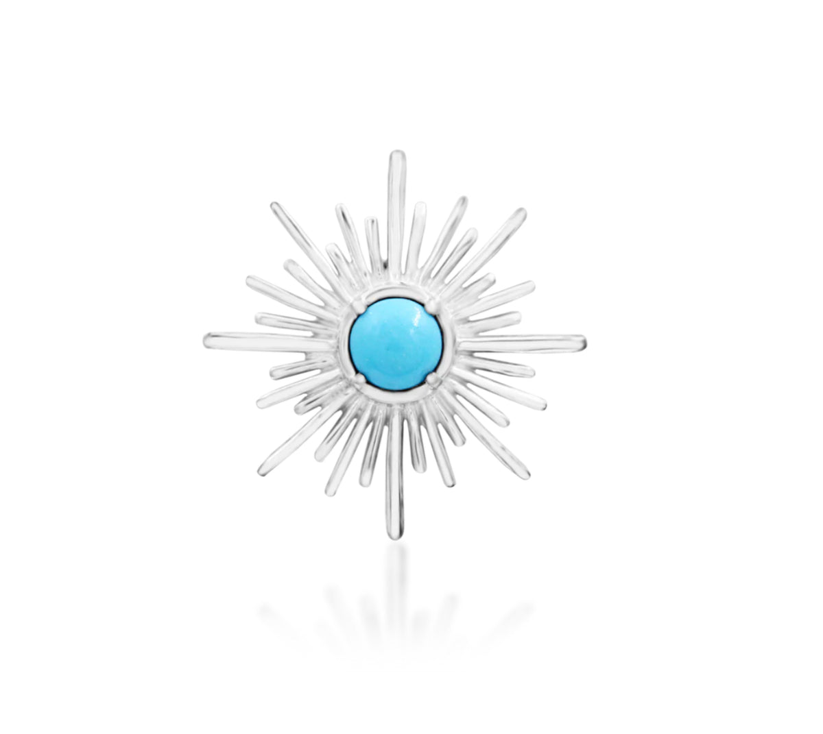 Junipurr Jadzia solid 14k white gold turquoise sunburst threadless end, front product view.