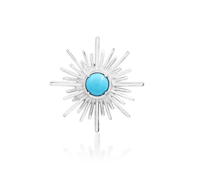 Junipurr Jadzia solid 14k white gold turquoise sunburst threadless end, front product view.