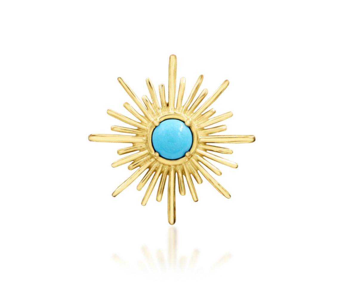 Junipurr Jadzia solid 14k yellow gold turquoise sunburst threadless end, front product view.