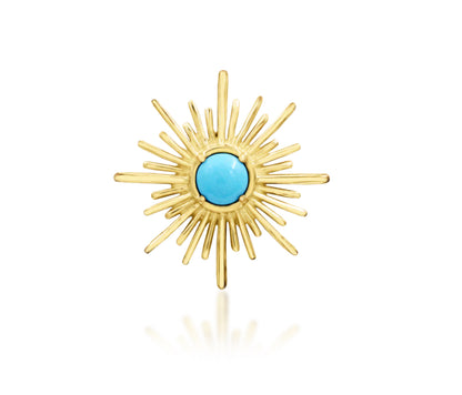 Junipurr Jadzia solid 14k yellow gold turquoise sunburst threadless end, front product view.