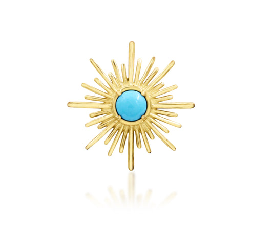 Junipurr Jadzia solid 14k yellow gold turquoise sunburst threadless end, front product view.