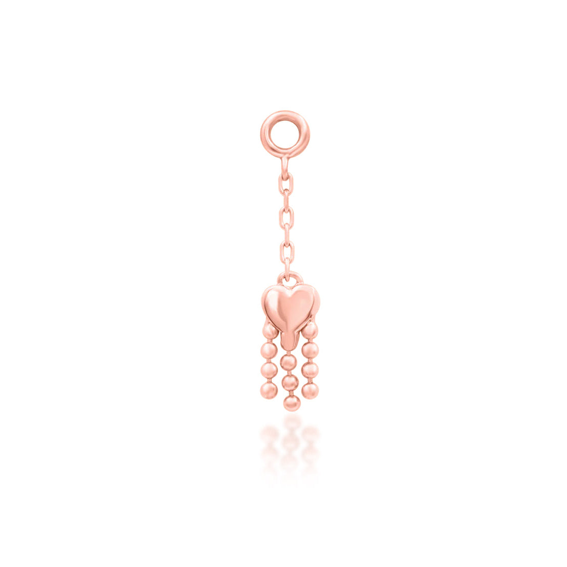 Junipurr Je T’aime solid 14k rose gold heart dangle threadless end, angled view.