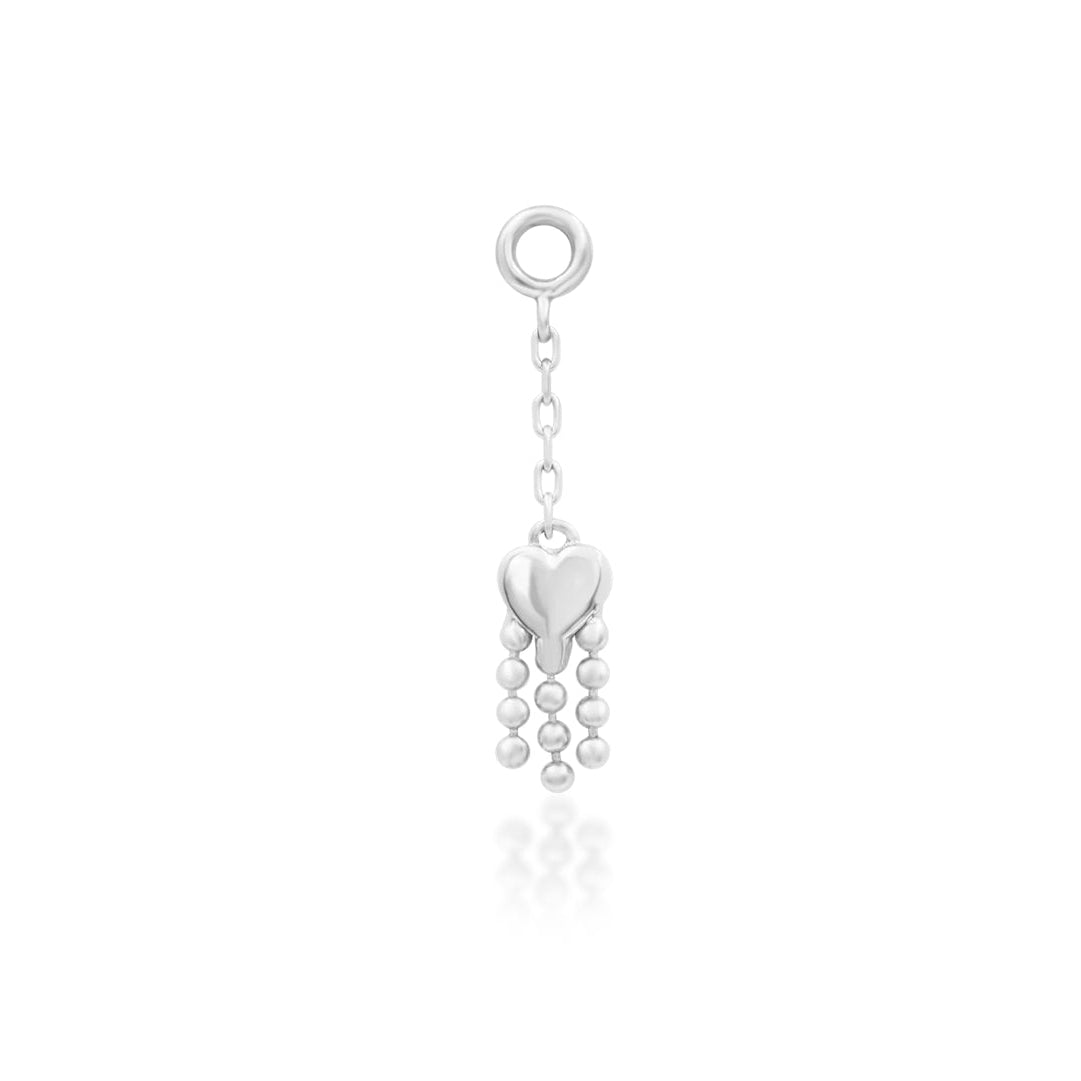 Junipurr Je T’aime solid 14k white gold gemstone-free heart dangle threadless end, front view.