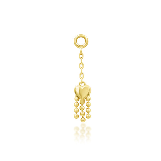 Junipurr Je T’aime solid 14k yellow gold gemstone-free heart dangle threadless end, front view.