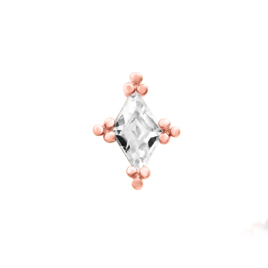 Junipurr Jester solid 14k rose gold White CZ threadless end, front view.