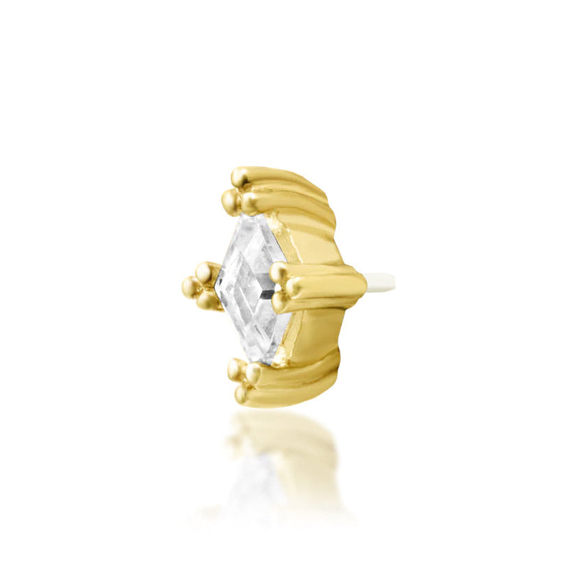 Junipurr Jester solid 14k yellow gold White CZ threadless end, angled view.