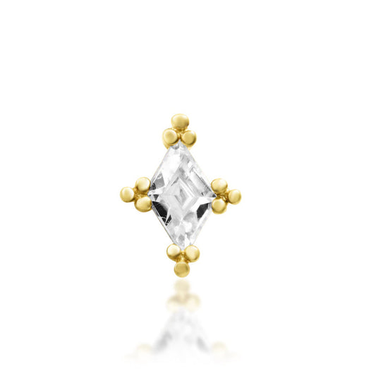 Junipurr Jester solid 14k yellow gold White CZ threadless end, front view.