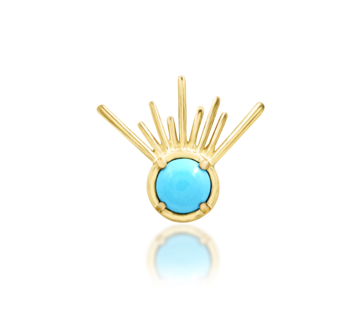 Junipurr Jimena solid 14k yellow gold synthetic turquoise sunrise threadless end, front product view.
