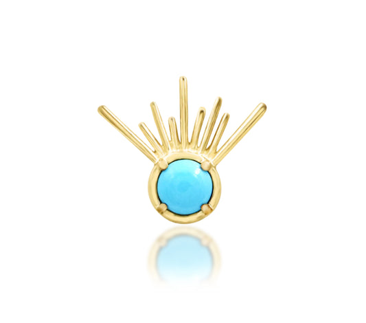 Junipurr Jimena solid 14k yellow gold synthetic turquoise sunrise threadless end, front product view.