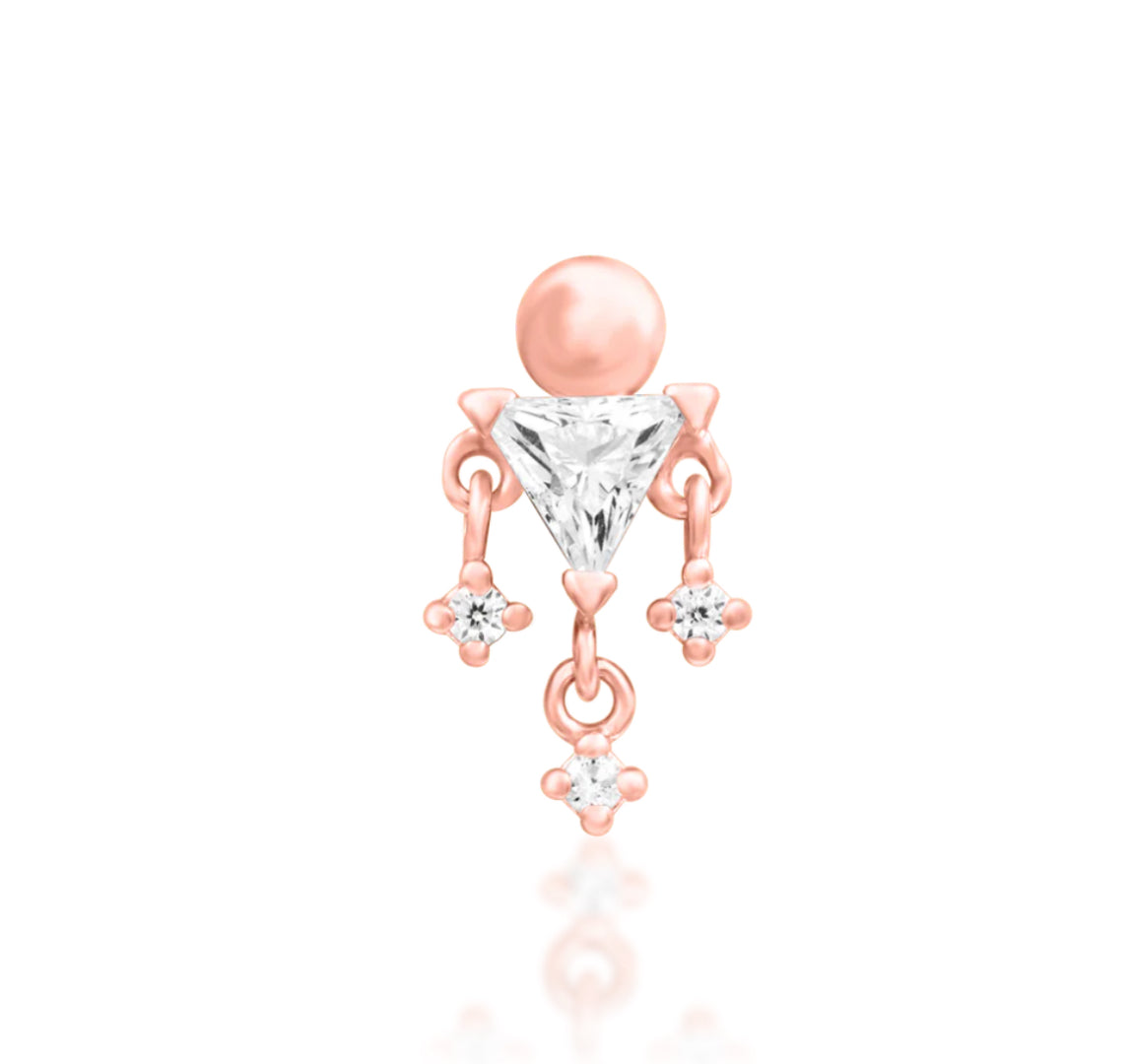 Junipurr Joanie solid 14k rose gold White CZ dangle threadless end, front view.