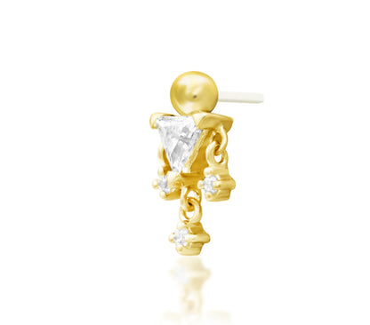 Junipurr Joanie solid 14k yellow gold White CZ dangle threadless end, angled view.