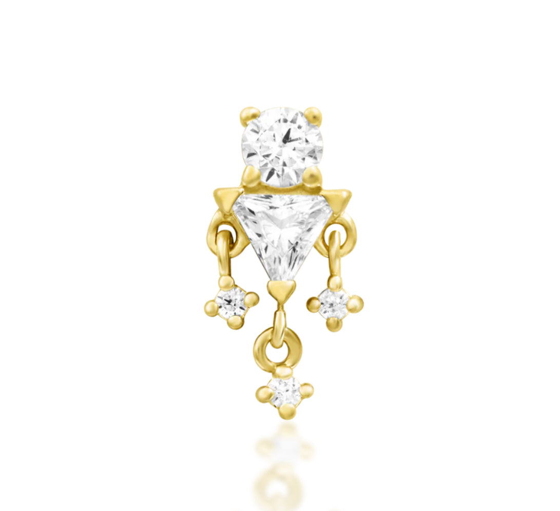 Junipurr Joanie solid 14k yellow gold White CZ dangle threadless end, front view.
