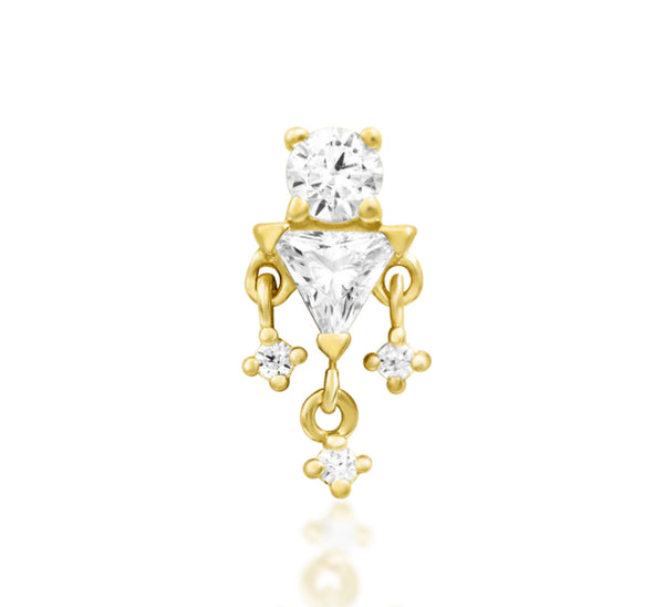 Junipurr Joanie solid 14k yellow gold White CZ dangle threadless end, front view.