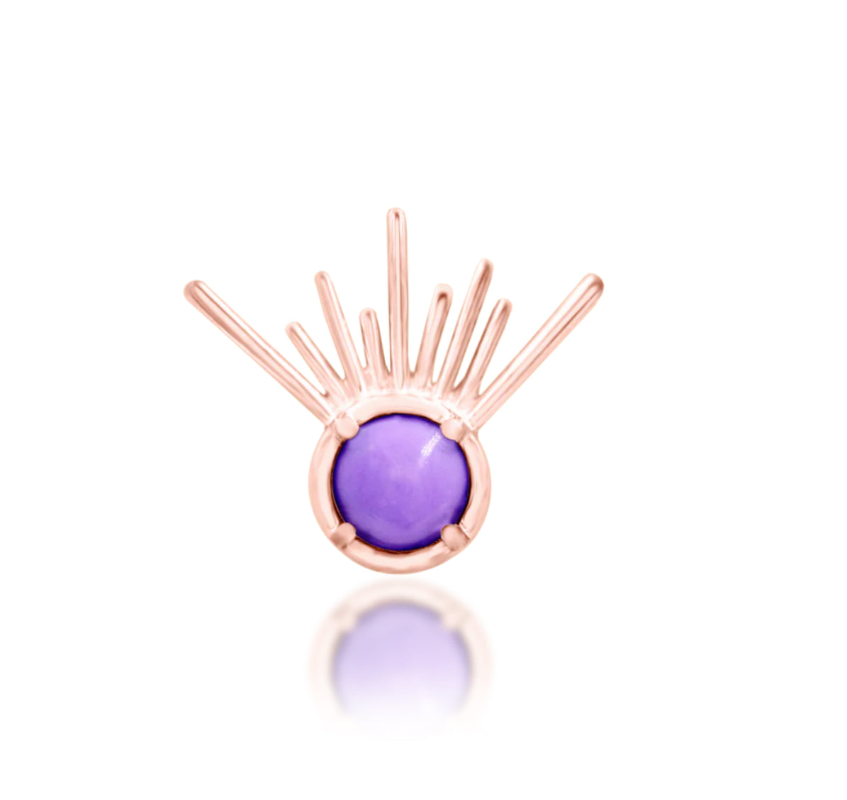 Junipurr Jody solid 14k rose gold purple turquoise rising sun threadless end, front product view.