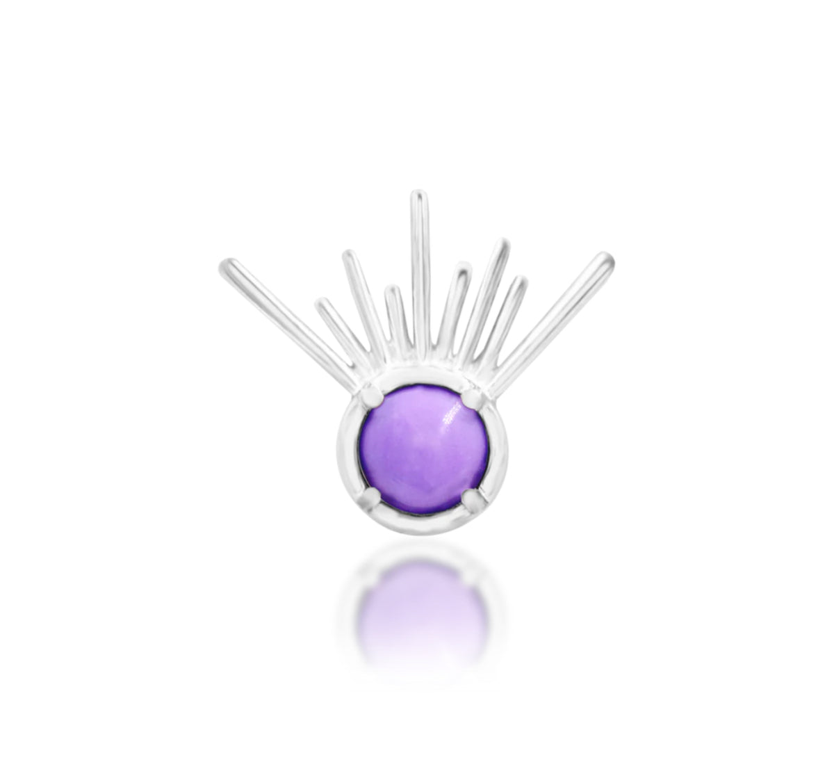 Junipurr Jody solid 14k white gold purple turquoise rising sun threadless end, front product view.