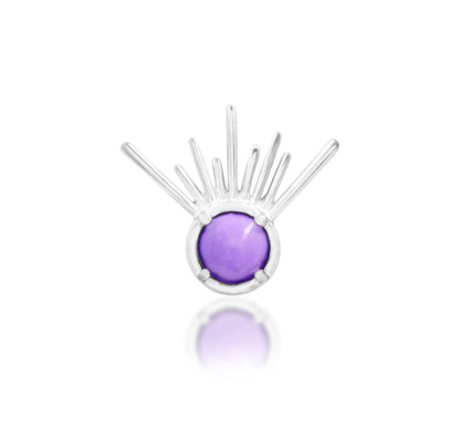 Junipurr Jody solid 14k white gold purple turquoise rising sun threadless end, front product view.