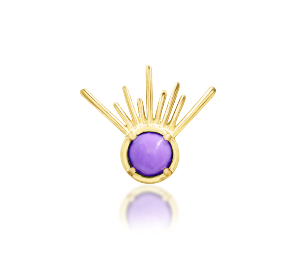 Junipurr Jody solid 14k yellow gold purple turquoise rising sun threadless end, front product view.