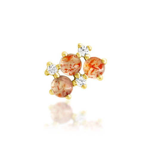 Junipurr Josephine solid 14k gold threadless end with Sunstone and White CZ in a compact fixed cluster, product view.
