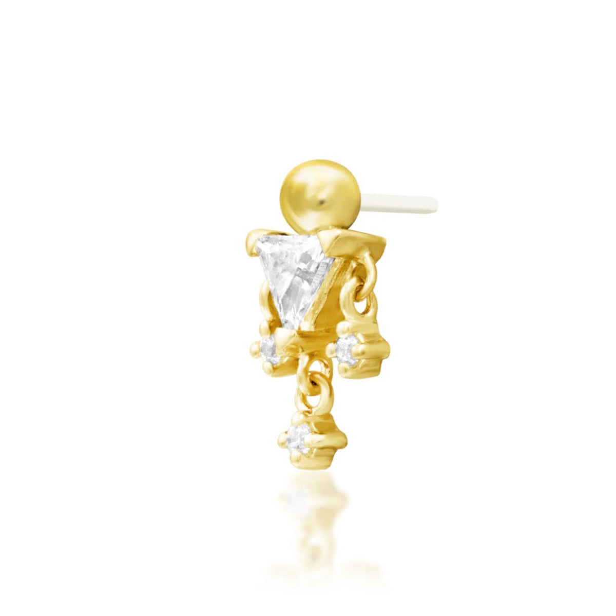 Junipurr Judy solid 14k yellow gold clustered White CZ threadless end, angled view.
