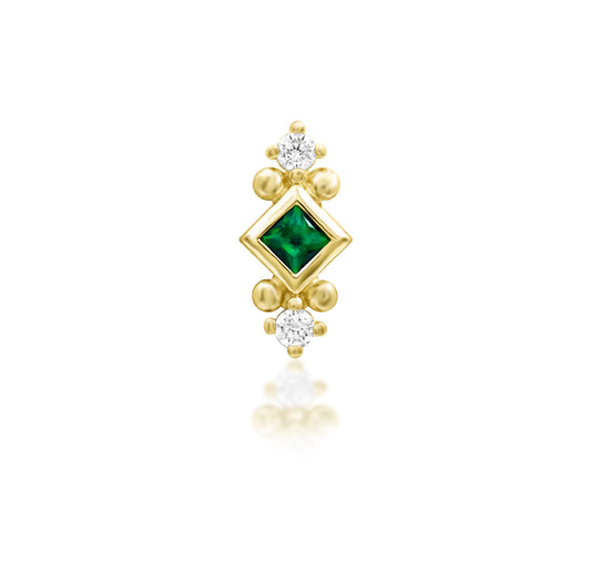 Junipurr Kadir yellow gold Emerald Green CZ Threadless Decorative End, front view.