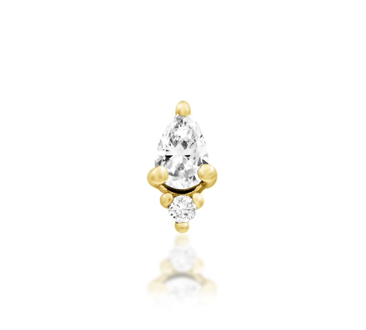 Junipurr Karma solid 14k gold threadless end with pear and round White CZ stones, product view.
