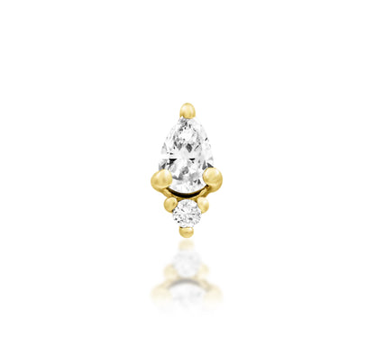 Junipurr Karma solid 14k gold threadless end with pear and round White CZ stones, product view.