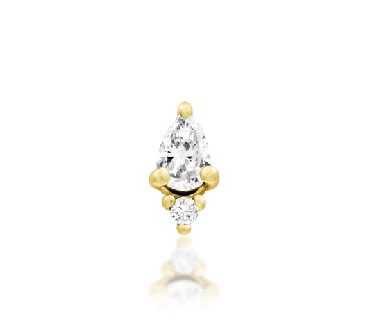 Junipurr Karma solid 14k gold threadless end with pear and round White CZ stones, product view.