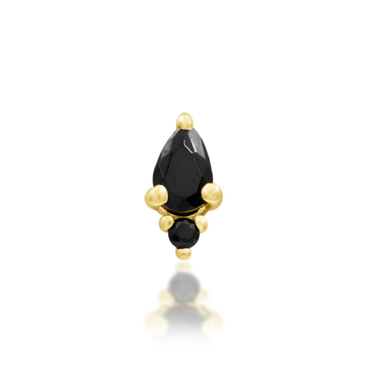 Junipurr Karma solid 14k yellow gold threadless end with a pear Black CZ and round Black CZ accent, front view.