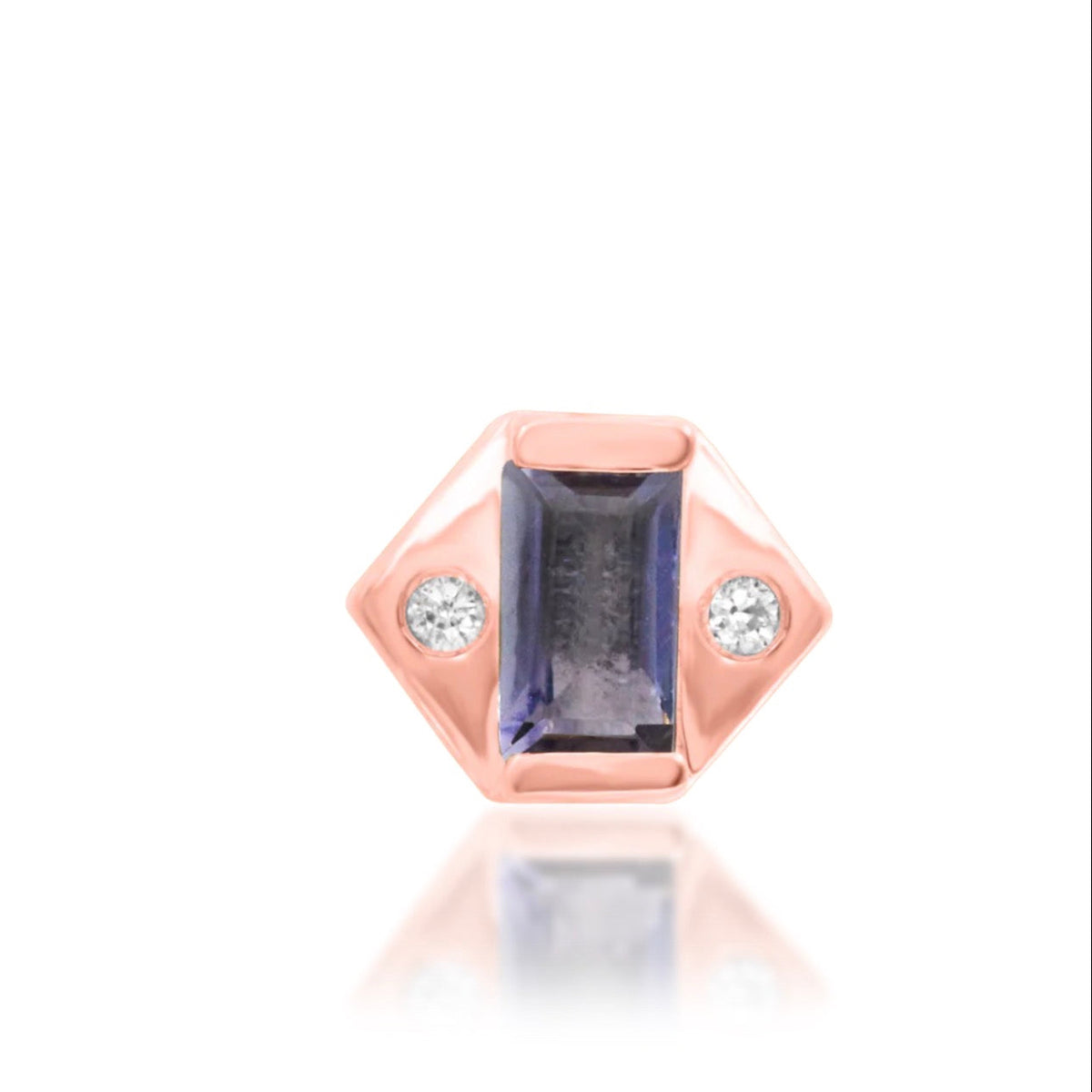 Junipurr Katia solid 14k rose gold threadless end with natural iolite and two white CZ accents, front product view.