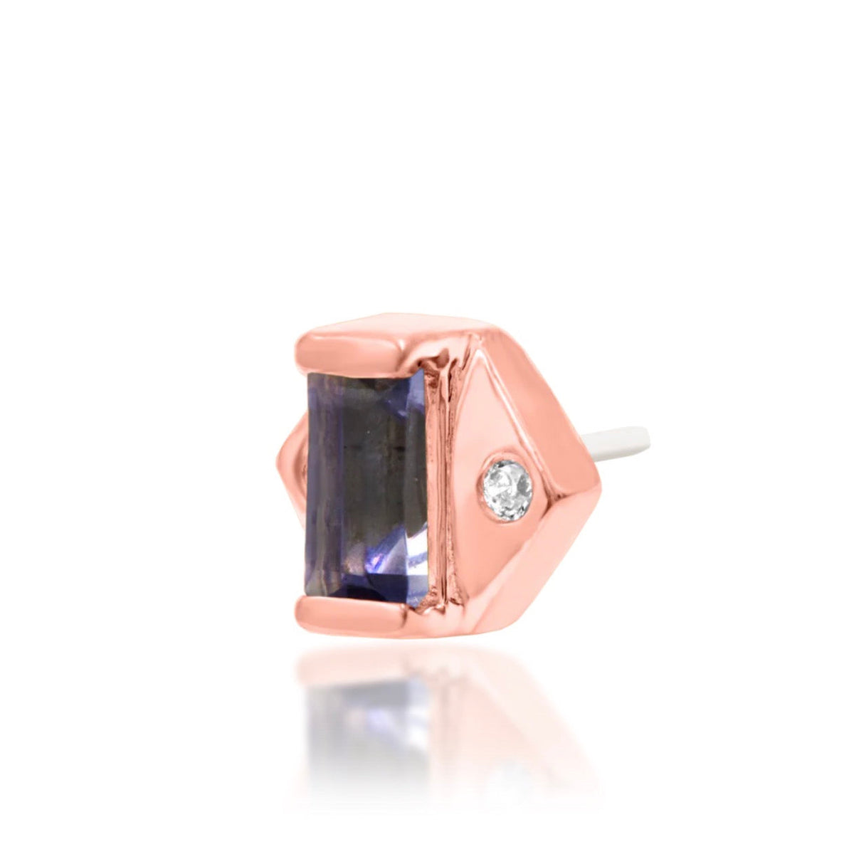 Junipurr Katia solid 14k rose gold iolite threadless end, angled view showing the asymmetrical setting and white CZ accents.