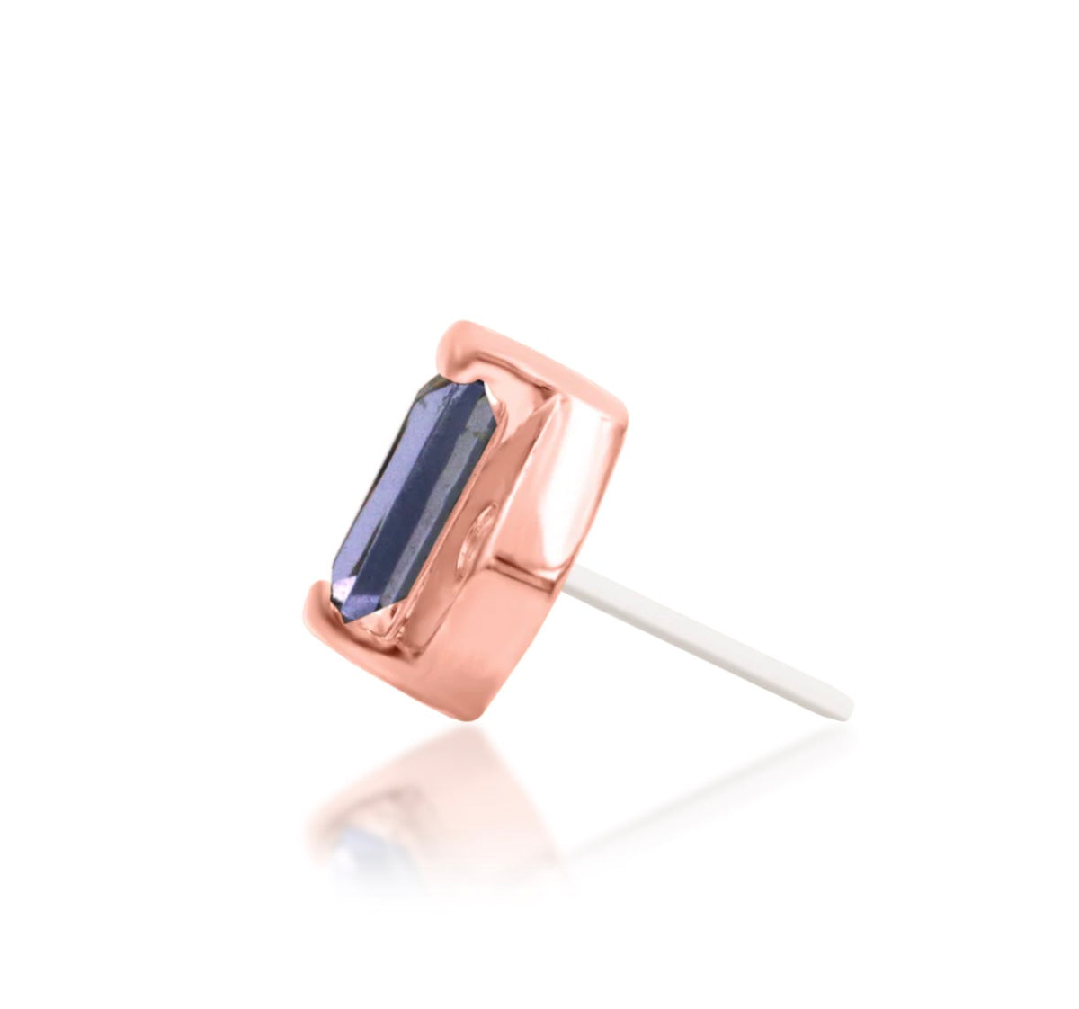 Junipurr Katia solid 14k rose gold iolite threadless end, side profile showing the setting and threadless pin.