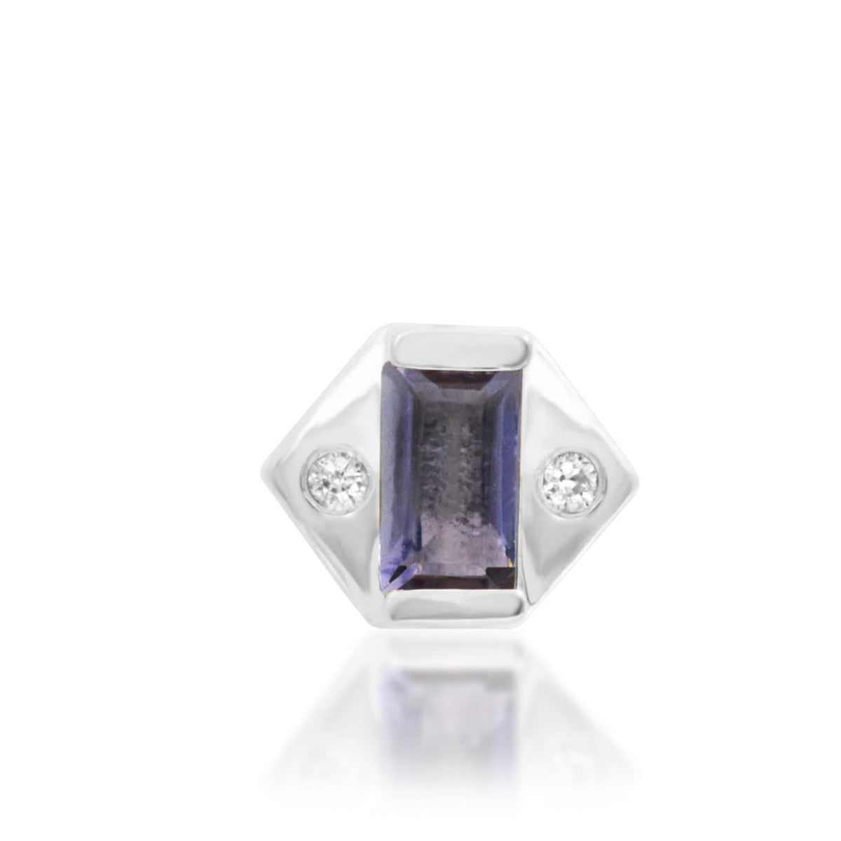 Junipurr Katia solid 14k white gold threadless end with natural iolite and two white CZ accents, front product view.