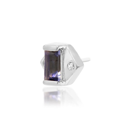 Junipurr Katia solid 14k white gold iolite threadless end, angled view showing the asymmetrical setting and white CZ accents.