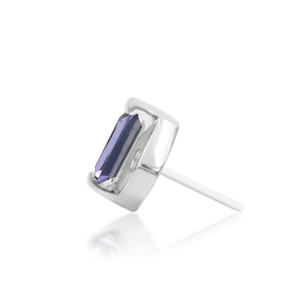 Junipurr Katia solid 14k white gold iolite threadless end, side profile showing the setting and threadless pin.
