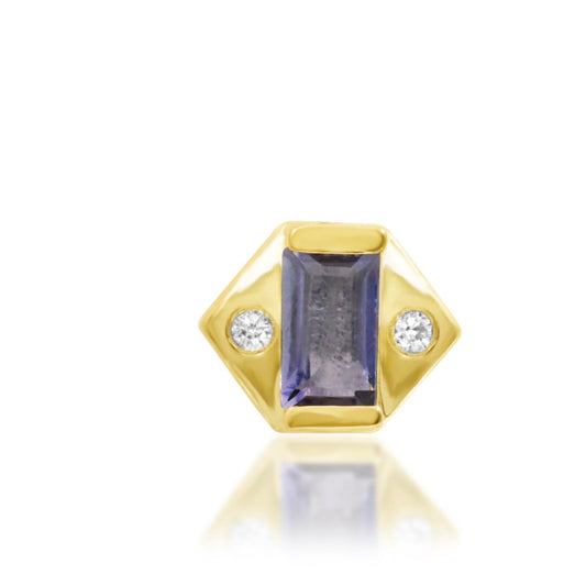 Junipurr Katia solid 14k yellow gold threadless end with natural iolite and two white CZ accents, front product view.