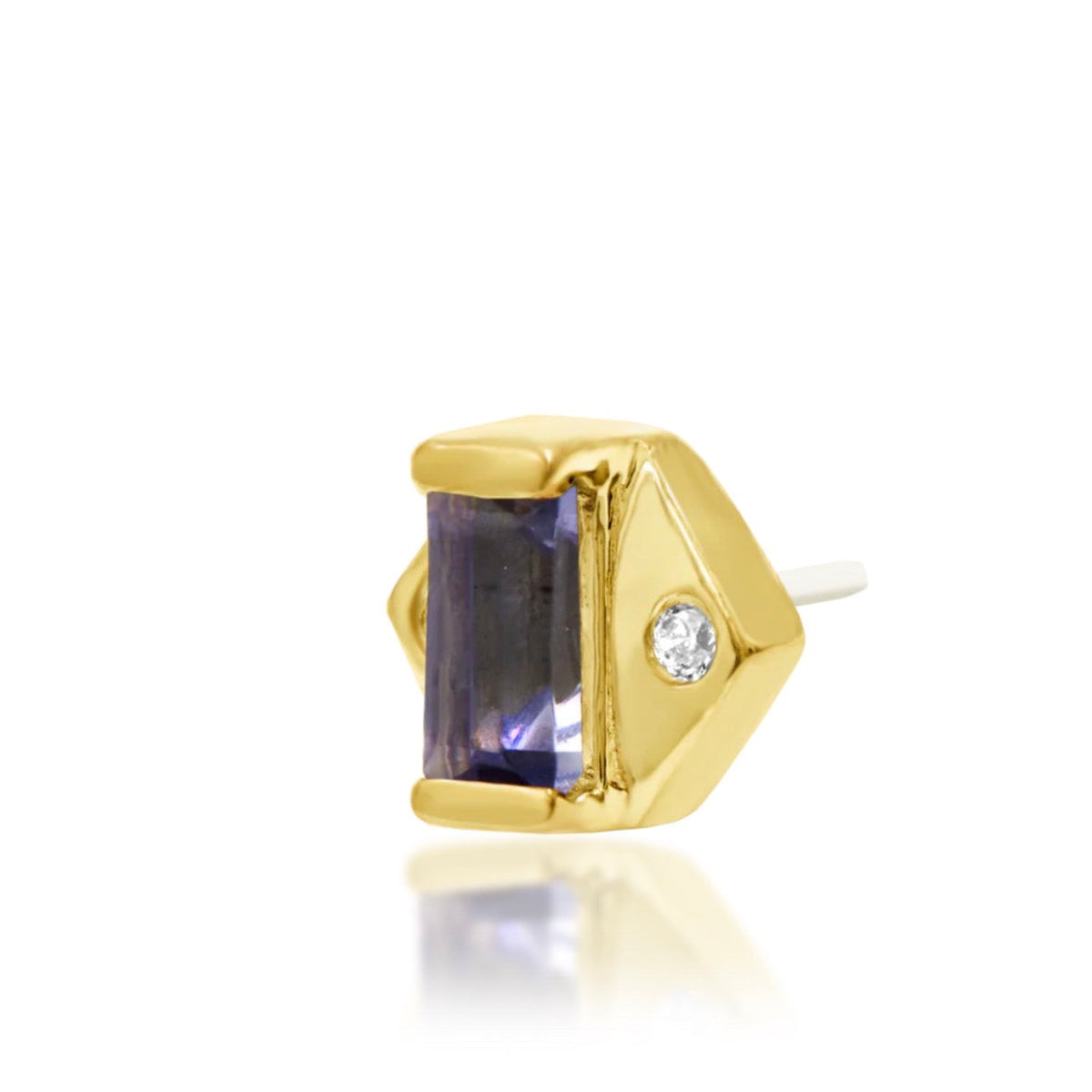 Junipurr Katia solid 14k yellow gold iolite threadless end, angled view showing its asymmetrical setting and white CZ accents.