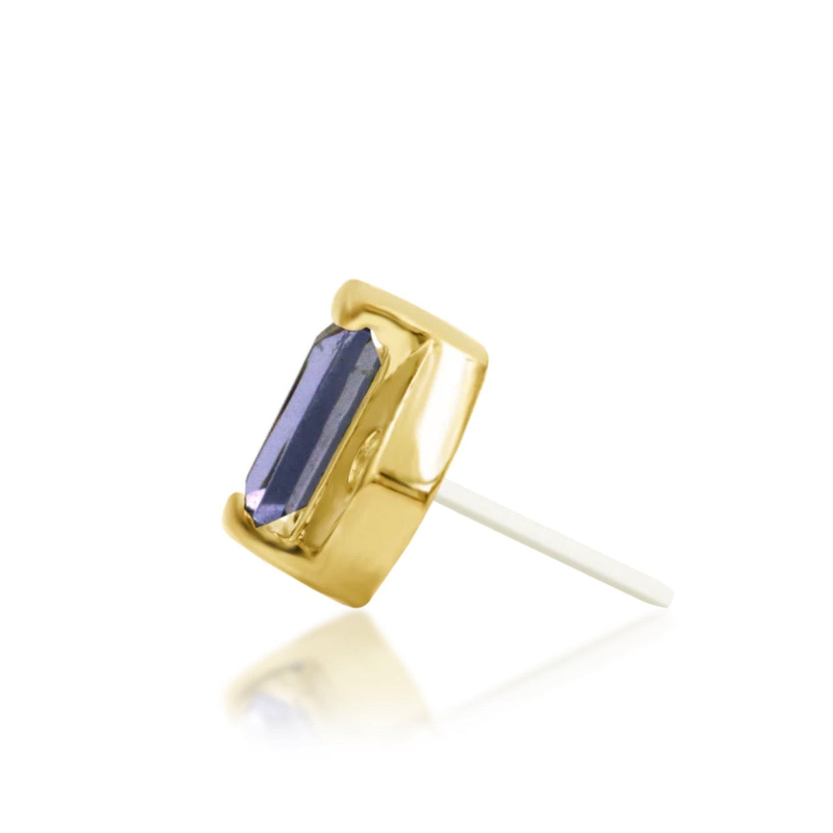 Junipurr Katia solid 14k yellow gold iolite threadless end, side profile showing the setting and threadless pin.