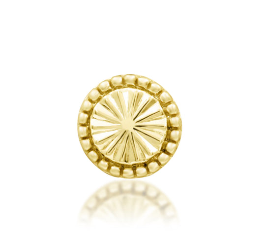 Junipurr Kaya solid 14k gold circular threadless end with intricate surface detailing, product view.