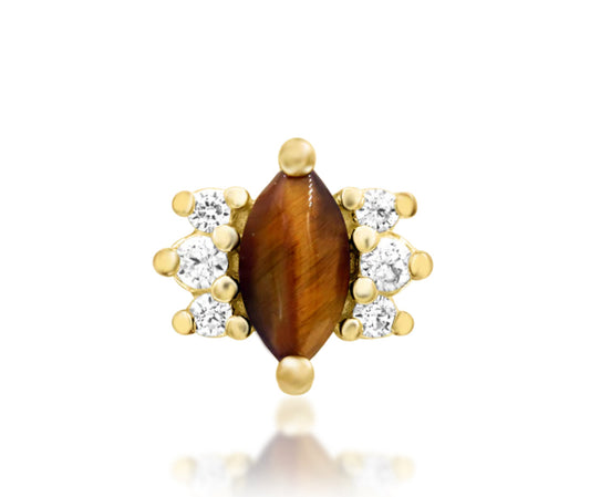 Junipurr Khan solid 14k gold threadless end with natural Tiger Eye and White CZ, product view.