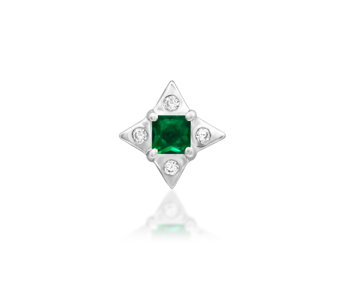 Junipurr Kingsley white gold Emerald Green CZ Threadless Decorative End, front view.