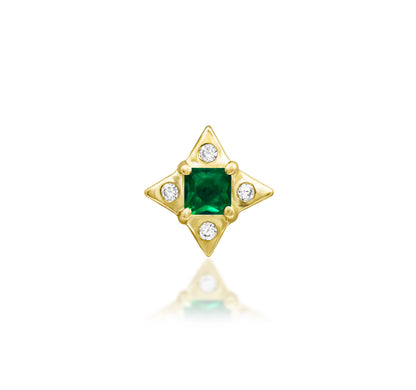 Junipurr Kingsley yellow gold Emerald Green CZ Threadless Decorative End, front view.