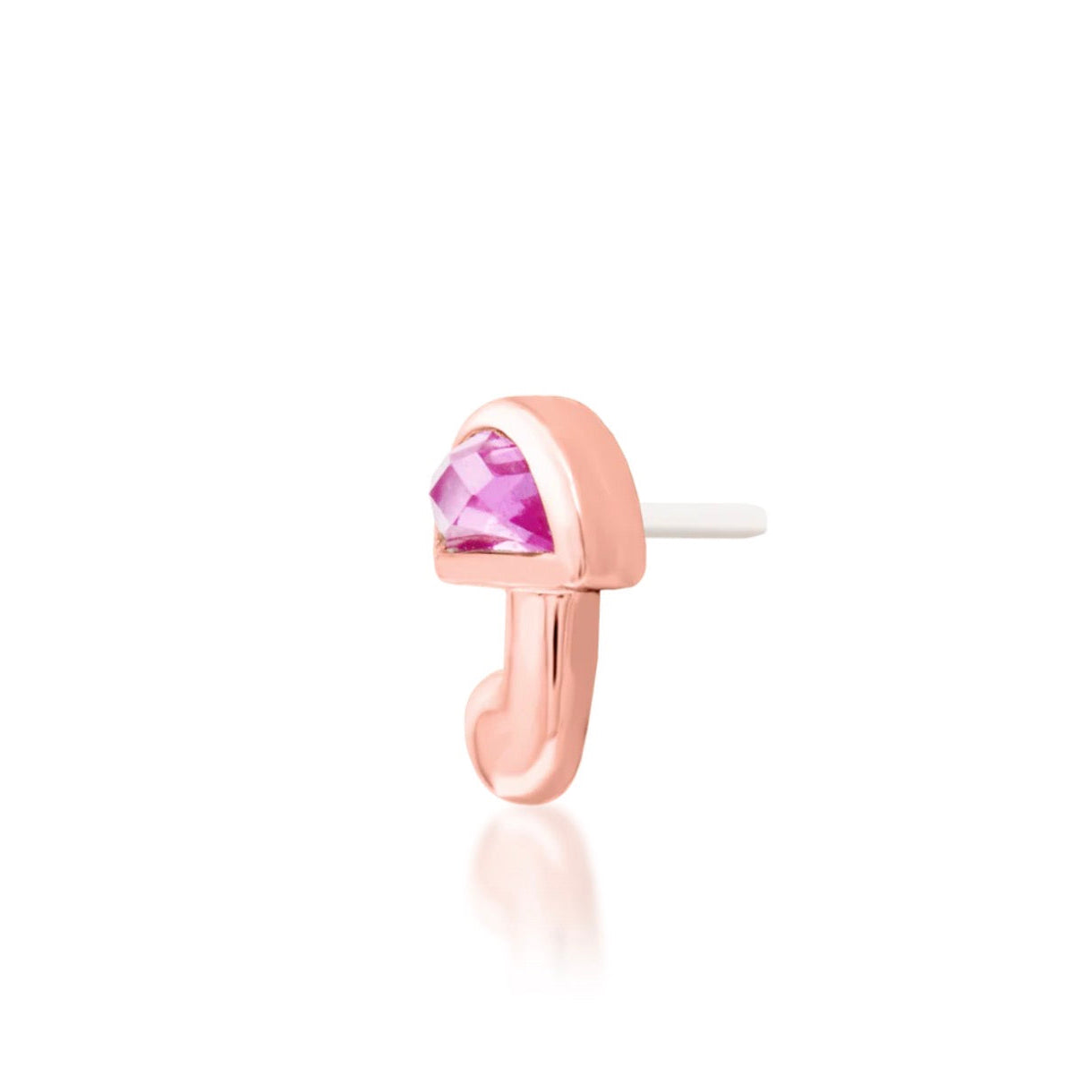 Angled view of Junipurr Kinoko pink CZ mushroom threadless end in 14k rose gold.
