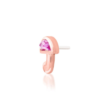 Angled view of Junipurr Kinoko pink CZ mushroom threadless end in 14k rose gold.
