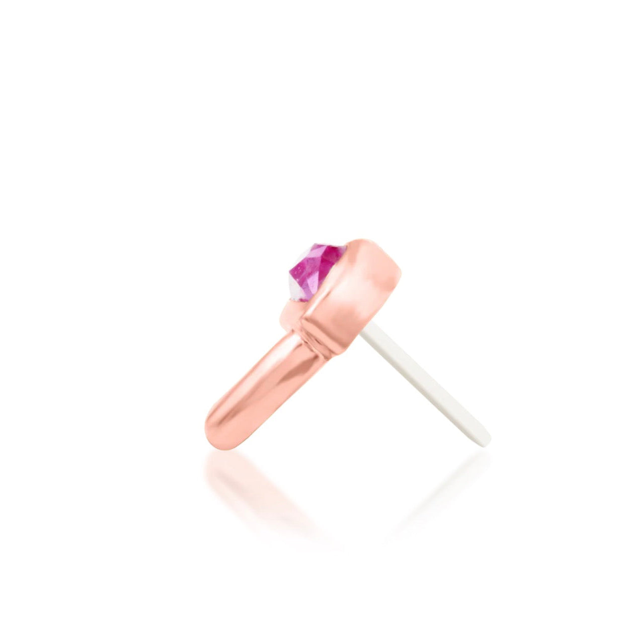 Side view of Junipurr Kinoko pink CZ mushroom threadless end in 14k rose gold.
