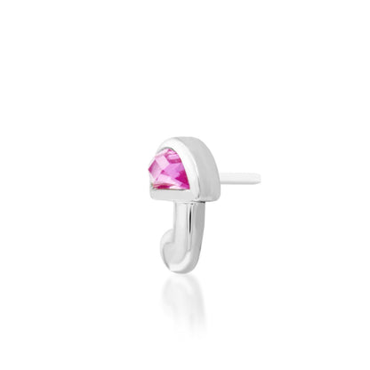 Angled view of Junipurr Kinoko pink CZ mushroom threadless end in 14k white gold.
