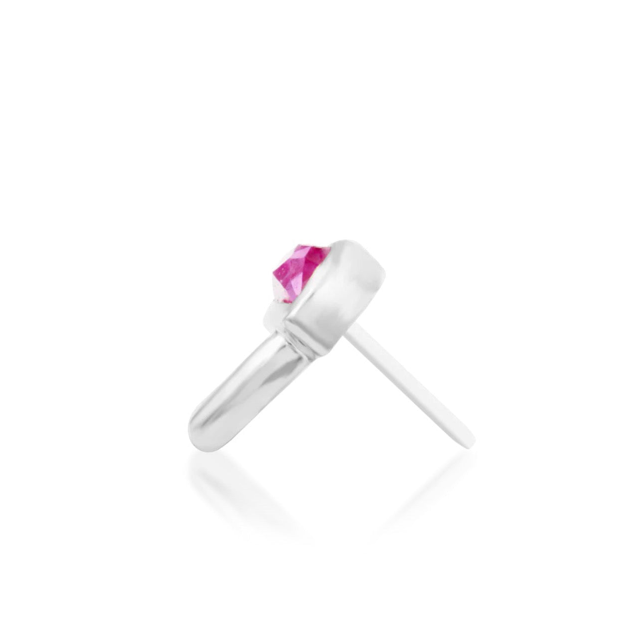 Side view of Junipurr Kinoko pink CZ mushroom threadless end in 14k white gold.
