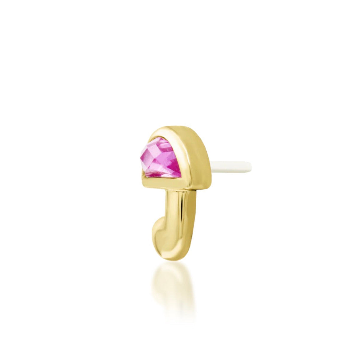 Angled view of Junipurr Kinoko pink CZ mushroom threadless end in 14k yellow gold.
